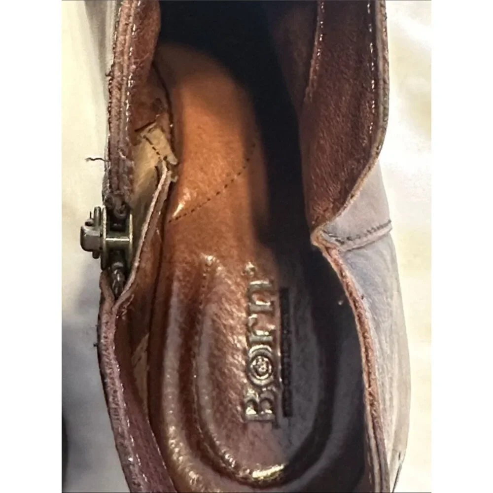 Born Aneto Leather Ankle Booties Womens 7M Block Heel Side Zip Cognac Brown